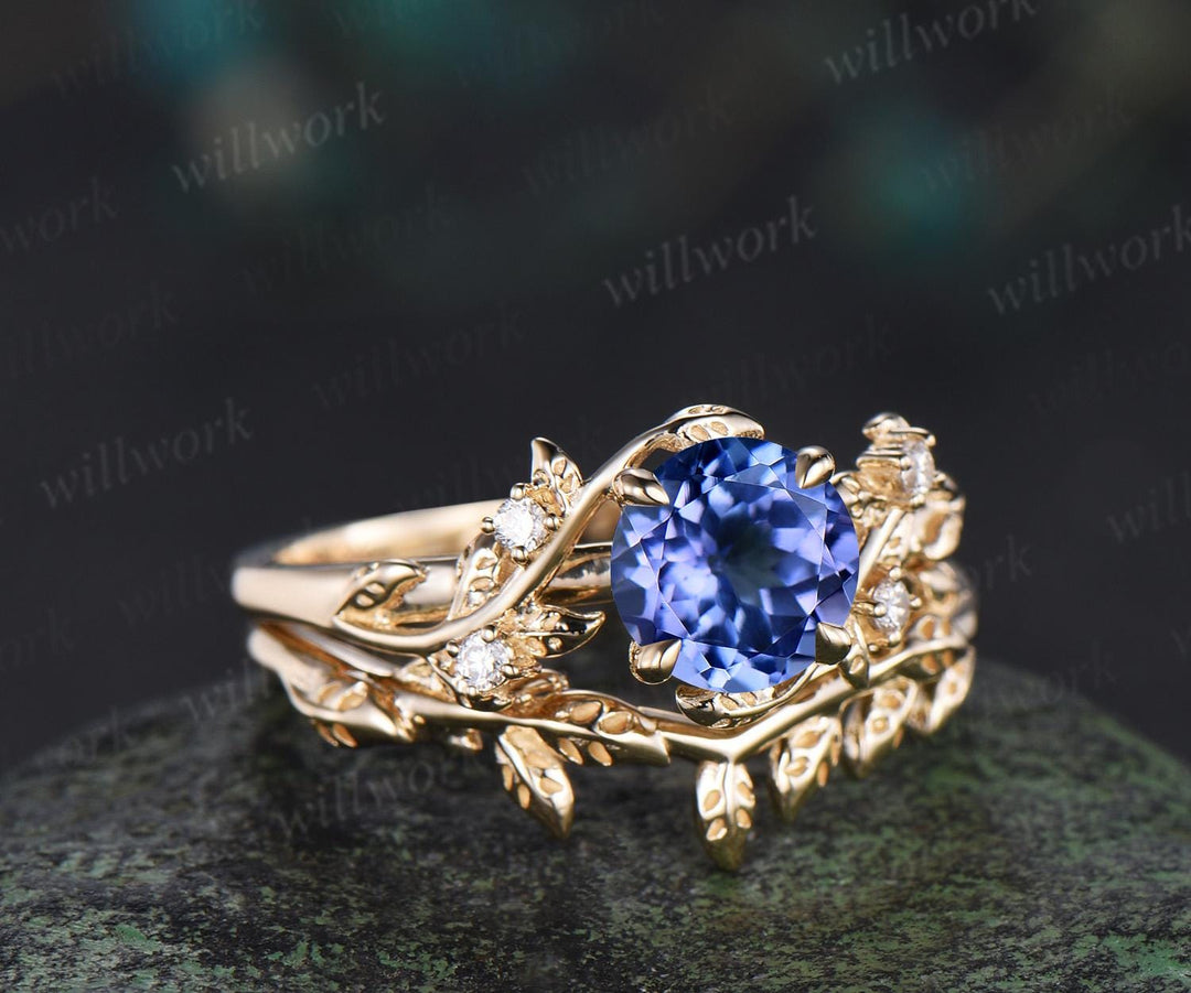 1ct Tanzanite ring vintage yellow gold diamond leaf ring set round Tanzanite engagement ring set nature inspired jewelry