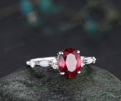 2ct oval cut red ruby engagement ring white gold opal diamond wedding ring women July birthstone ring women jewelry