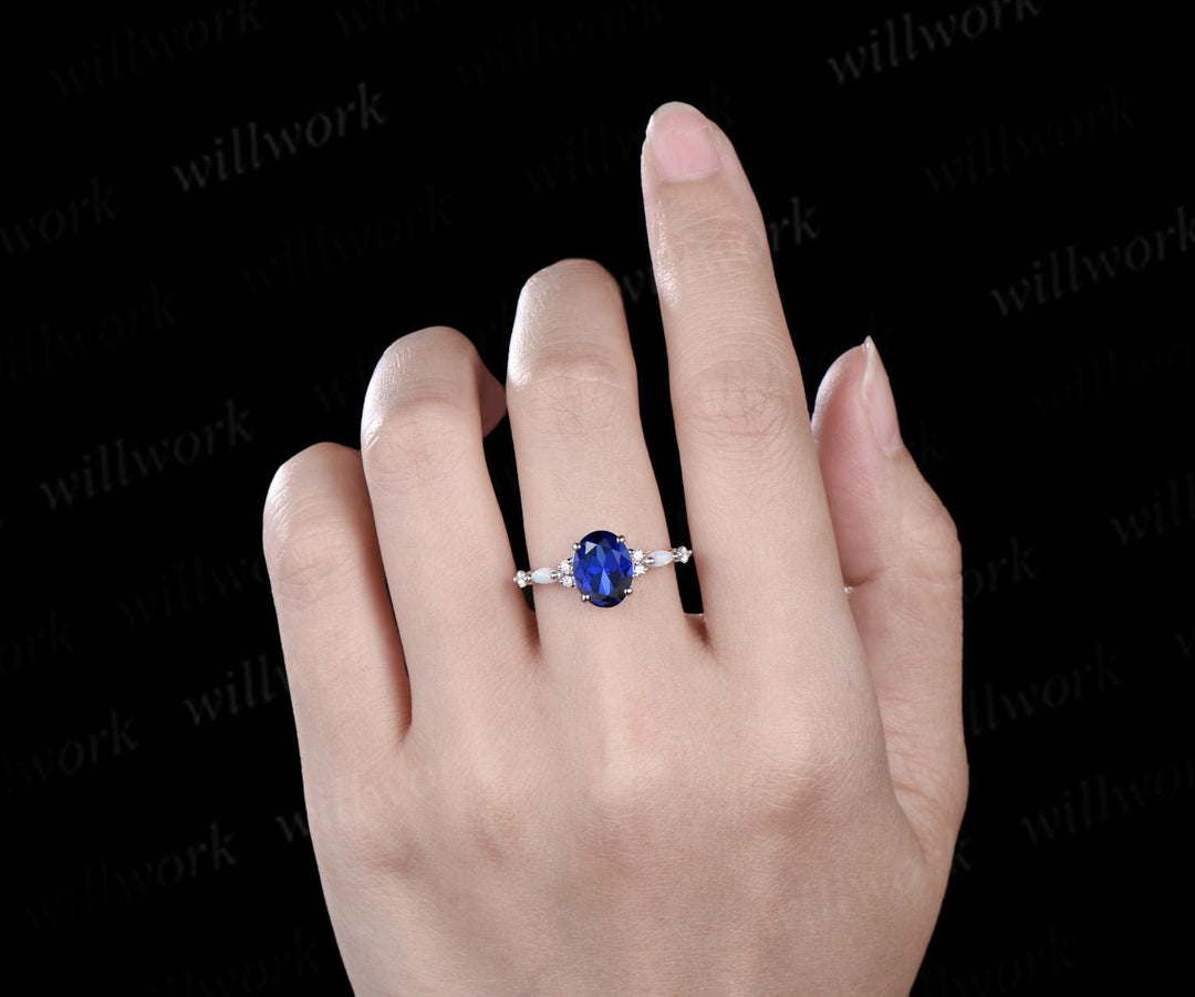 2ct oval cut blue sapphire engagement ring white gold opal diamond wedding ring women September birthstone ring women jewelry