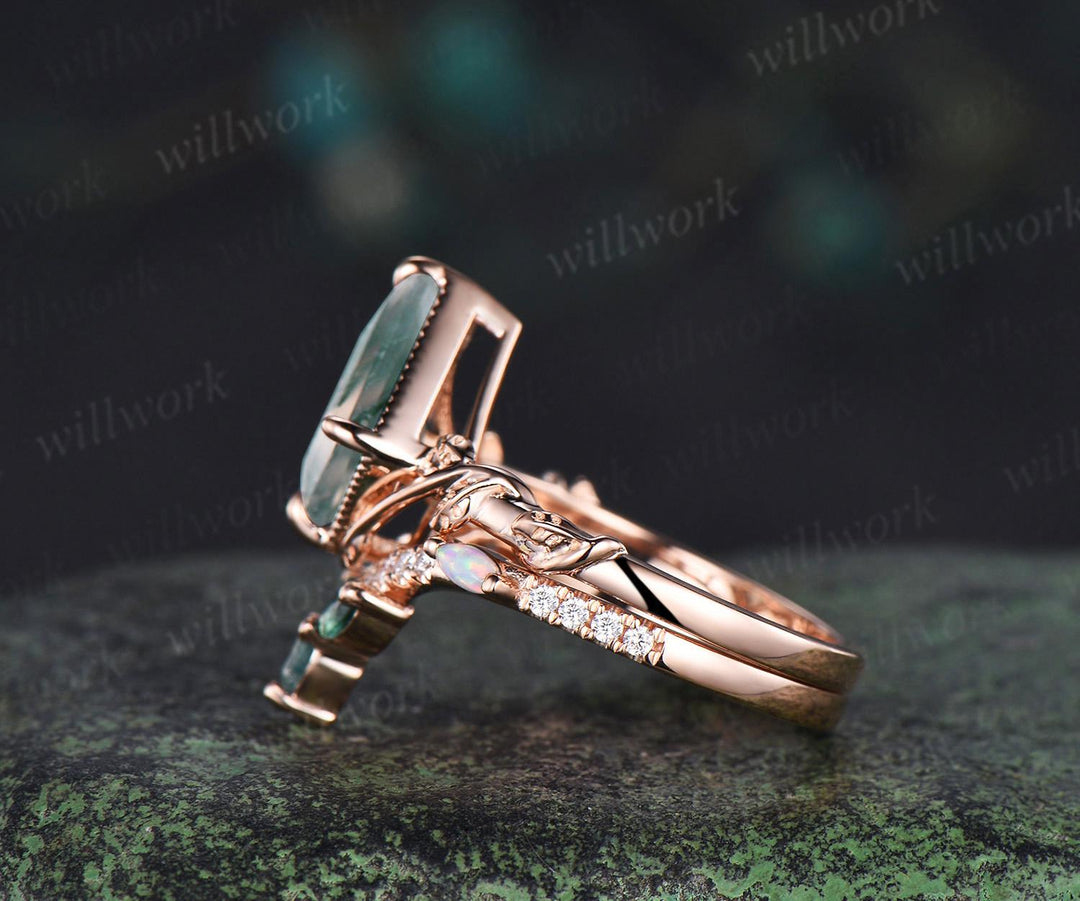 Vintage kite cut natural moss agate engagement ring set 14k rose gold branch nature inspired leaf opal bridal ring set women jewelry