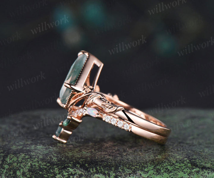 Vintage kite cut natural moss agate engagement ring set 14k rose gold branch nature inspired leaf opal bridal ring set women jewelry