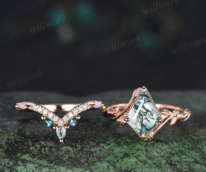 Vintage kite cut natural moss agate engagement ring set 14k rose gold branch nature inspired leaf opal bridal ring set women jewelry
