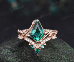Vintage kite cut green emerald engagement ring set 14k rose gold branch nature inspired leaf opal bridal ring set women jewelry