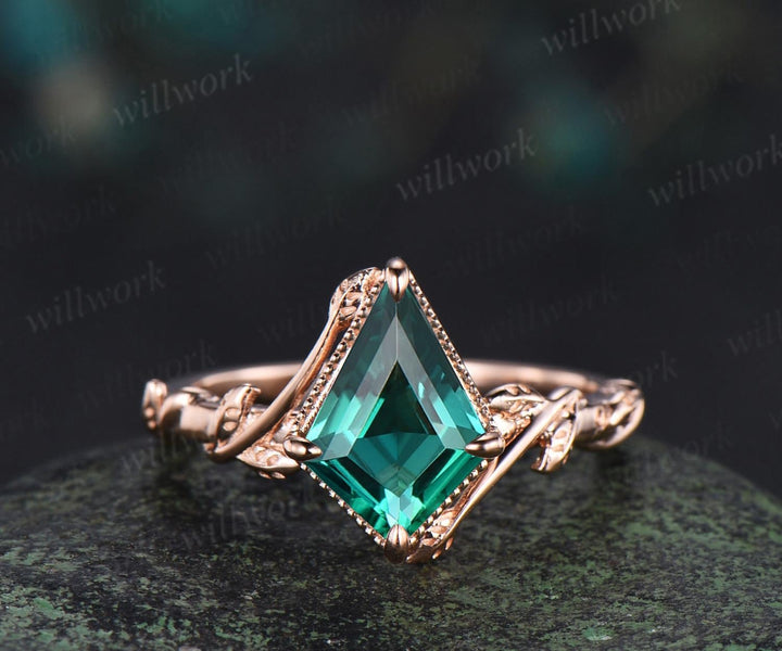 Vintage kite cut green emerald engagement ring set 14k rose gold branch nature inspired leaf opal bridal ring set women jewelry