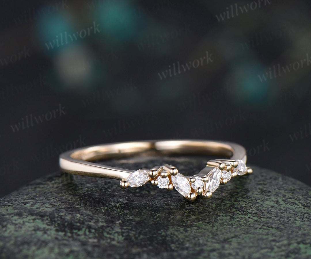 Cluster marquise cut moissanite diamond wedding band 14k yellow gold stacking bridal ring women gift