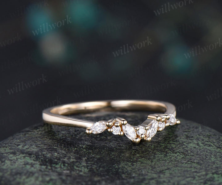 Cluster marquise cut moissanite diamond wedding band 14k yellow gold stacking bridal ring women gift