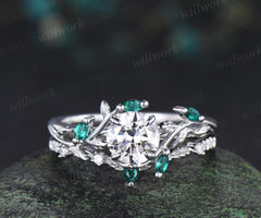 1ct round cut IGI Lab grown diamond ring 14k white gold branch leaf nature inspired engagement ring emerald bridal set women jewelry