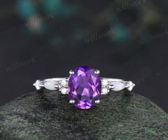 Oval cut purple amethyst opal ring vintage half eternity unique engagement ring anniversary wedding ring gift