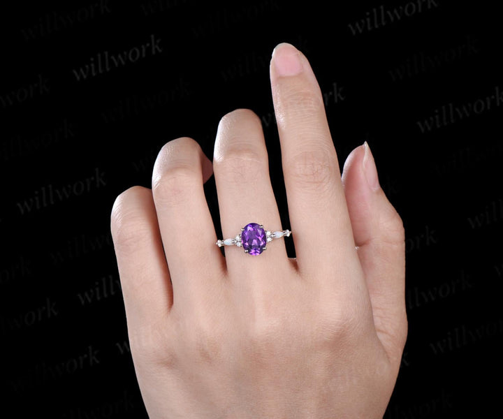 Oval cut purple amethyst opal ring vintage half eternity unique engagement ring anniversary wedding ring gift