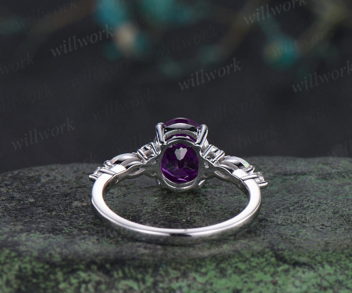 Oval cut purple amethyst opal ring vintage half eternity unique engagement ring anniversary wedding ring gift
