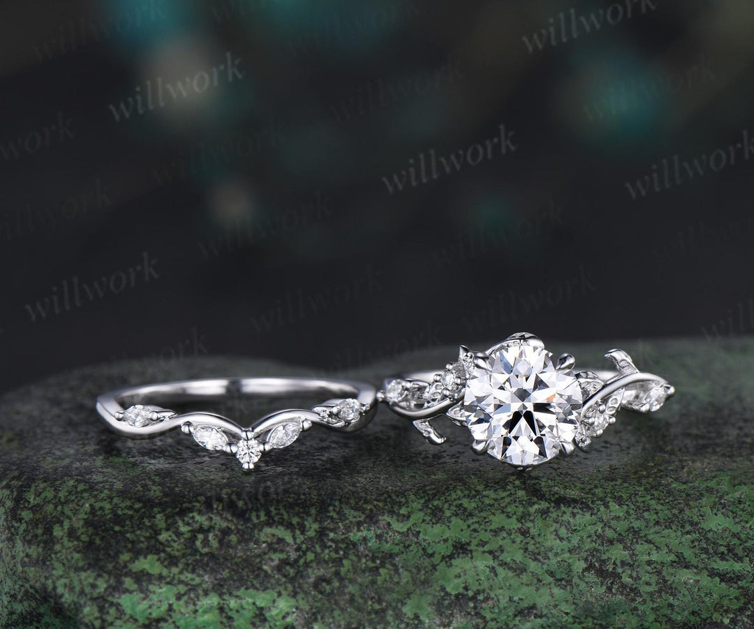 2ct round cut lab grown diamond moissanite engagement ring set leaf nature inspired promise wedding bridal ring set jewelry