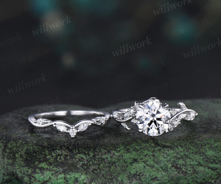 2ct round cut lab grown diamond moissanite engagement ring set leaf nature inspired promise wedding bridal ring set jewelry