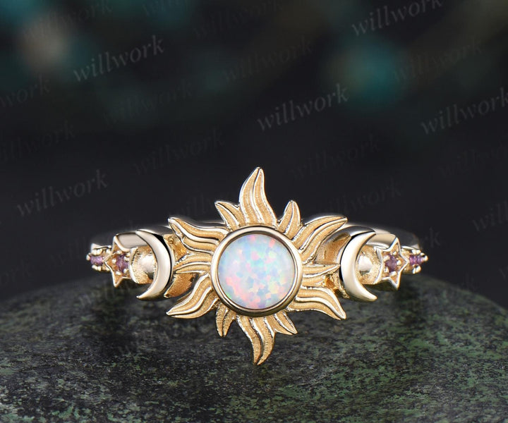 5mm round bezel opal ring vintage sun moon star five stone engagement ring solid 14k yellow gold amethyst wedding ring women gift