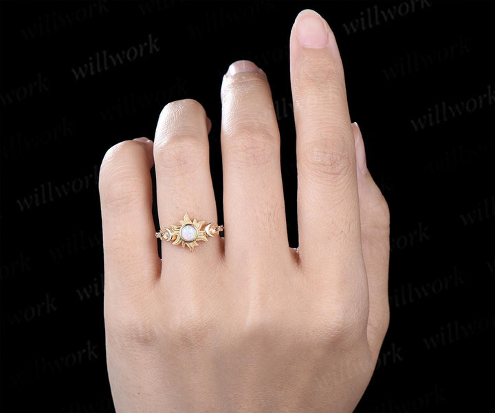5mm round bezel opal ring vintage sun moon star five stone engagement ring solid 14k yellow gold amethyst wedding ring women gift