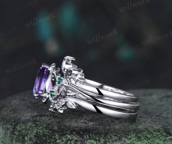 Unique pear amethyst engagement ring set leaf sun moon bridal set women emerald nature inspired wedding ring set jewelry