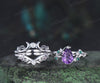 Unique pear amethyst engagement ring set leaf sun moon bridal set women emerald nature inspired wedding ring set jewelry