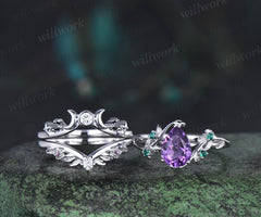 Unique pear amethyst engagement ring set leaf sun moon bridal set women emerald nature inspired wedding ring set jewelry