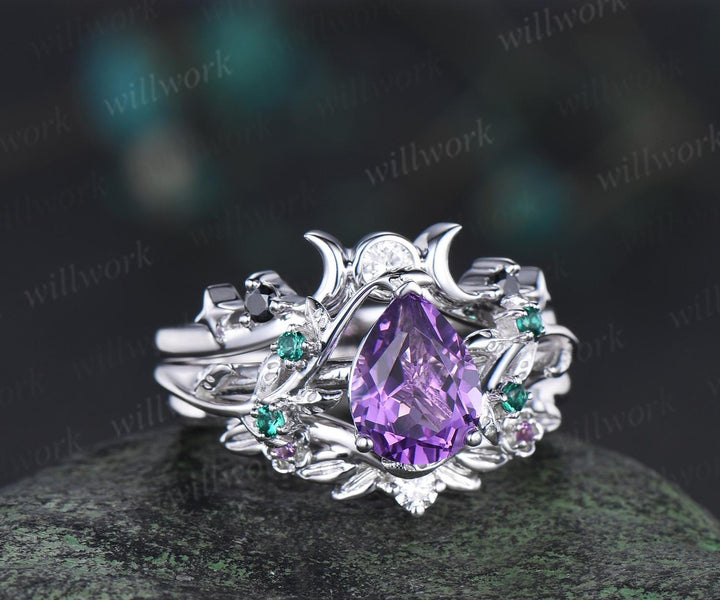 Unique pear amethyst engagement ring set leaf sun moon bridal set women emerald nature inspired wedding ring set jewelry