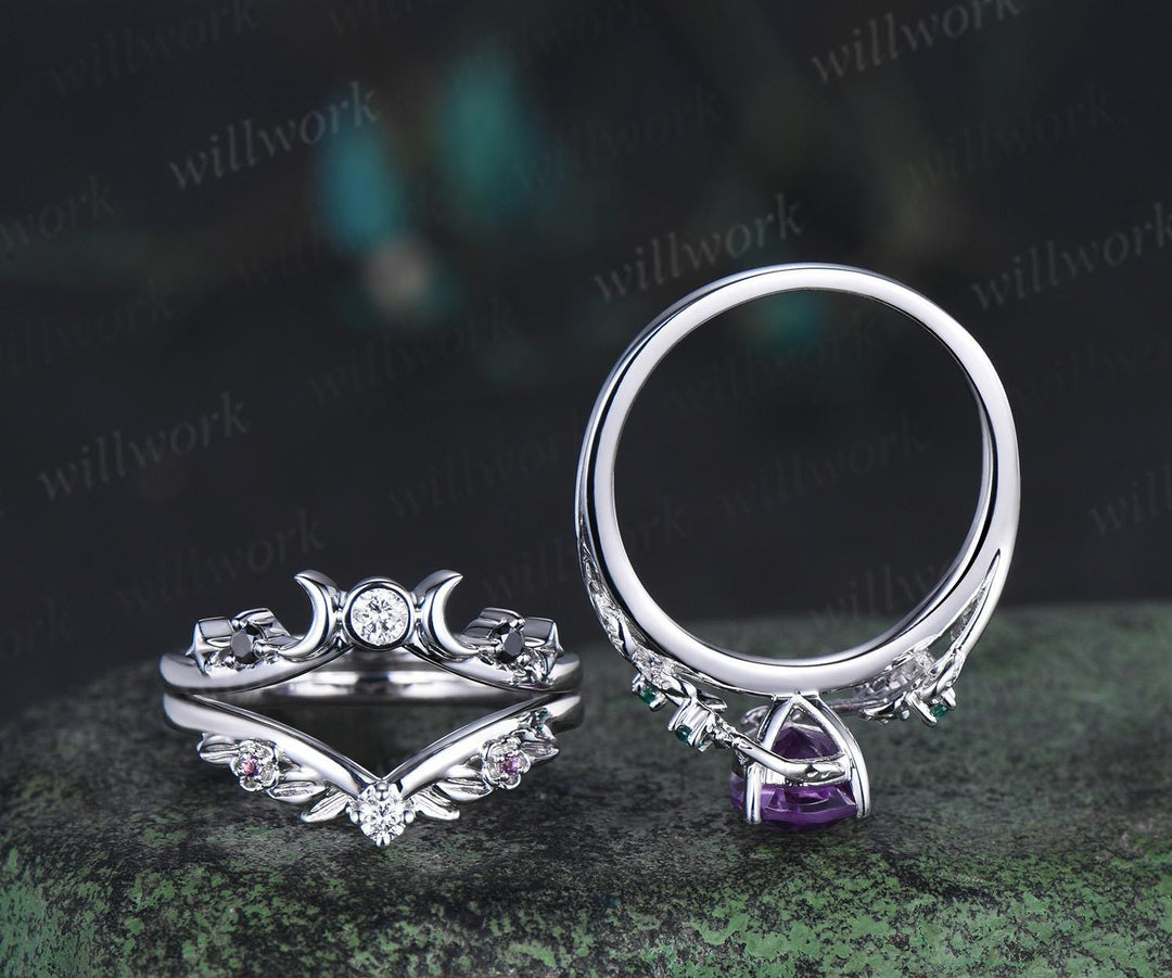 Unique pear amethyst engagement ring set leaf sun moon bridal set women emerald nature inspired wedding ring set jewelry
