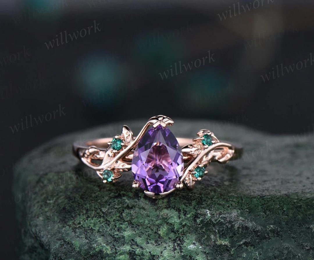 Unique pear amethyst engagement ring set leaf sun moon bridal set women emerald nature inspired wedding ring set jewelry