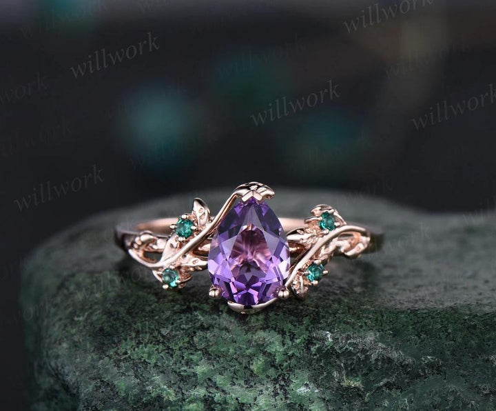 Unique pear amethyst engagement ring set leaf sun moon bridal set women emerald nature inspired wedding ring set jewelry