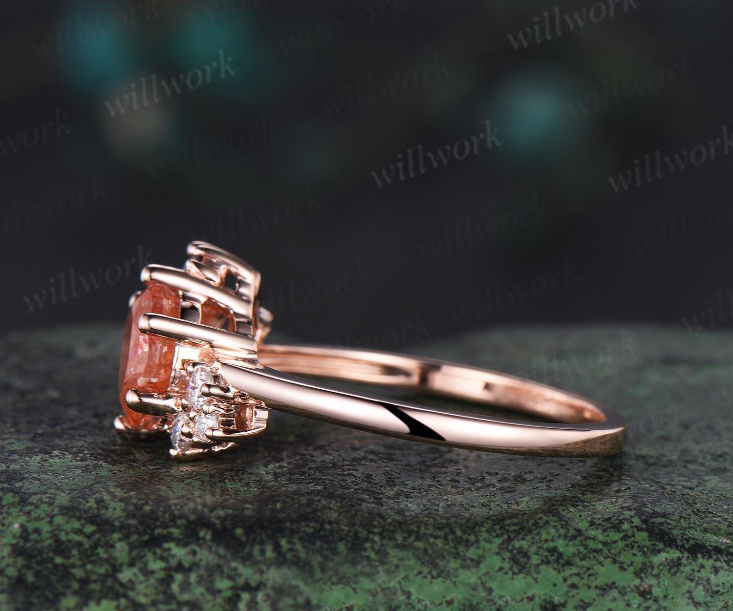 Round cut sunstone engagement ring rose gold cluster alexandrite