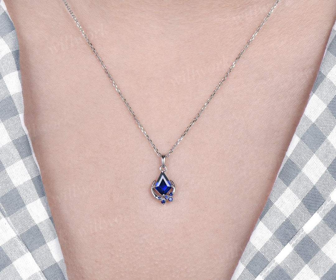 Kite blue sapphire necklace solid 14k 18k white gold vintage unique cluster moon pendant women her gemstone anniversary bridal gift mother