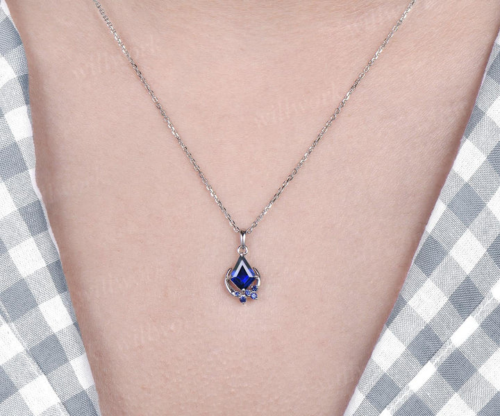 Kite blue sapphire necklace solid 14k 18k white gold vintage unique cluster moon pendant women her gemstone anniversary bridal gift mother