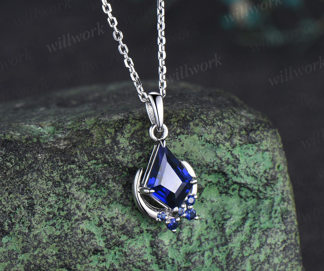 Kite blue sapphire necklace solid 14k 18k white gold vintage unique cluster moon pendant women her gemstone anniversary bridal gift mother