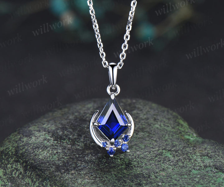 Kite blue sapphire necklace solid 14k 18k white gold vintage unique cluster moon pendant women her gemstone anniversary bridal gift mother