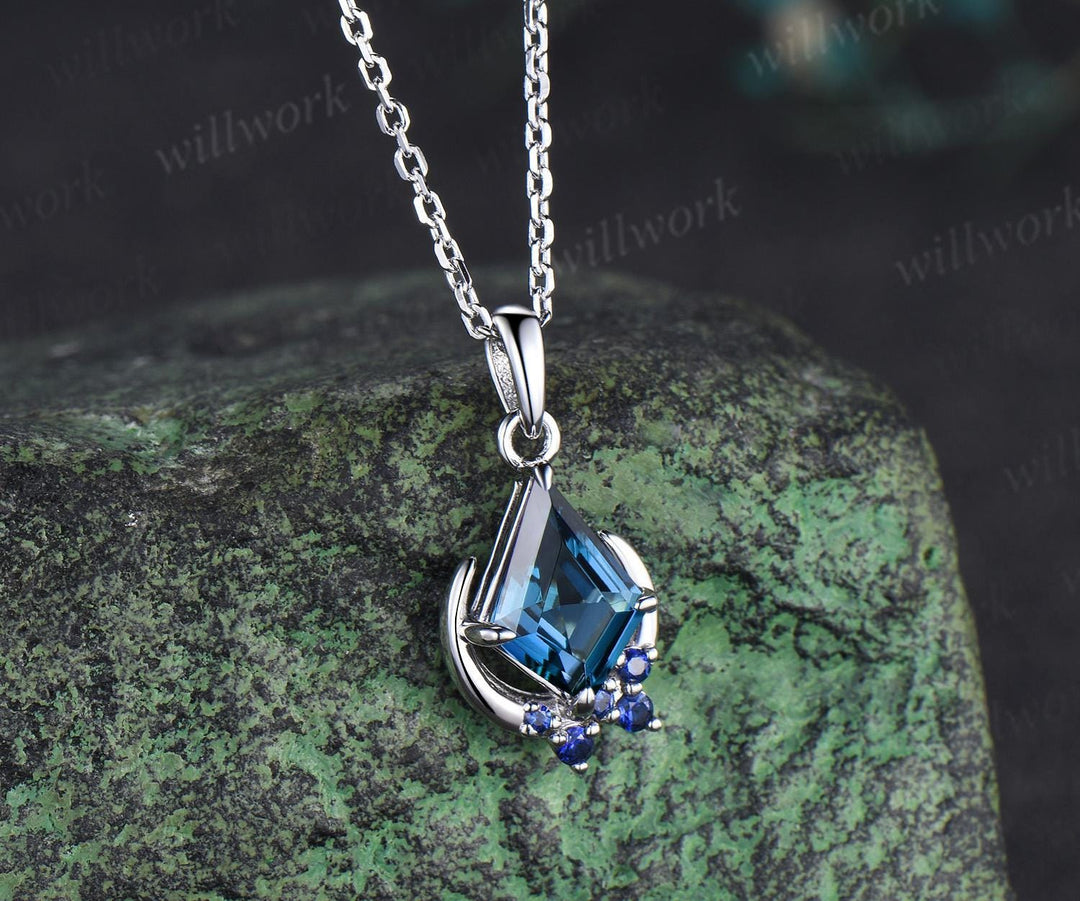 Kite cut London blue topaz necklace solid 14k 18k white gold vintage unique cluster moon pendant women her anniversary bridal gift mother