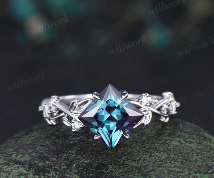 Vintage princess cut Alexandrite engagement ring set 14k white gold leaf opal wedding ring set jewelry June birthstone ring