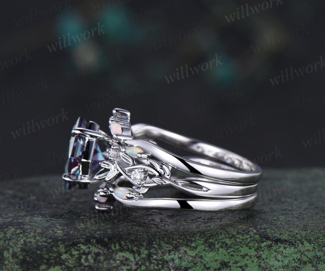 Vintage princess cut Alexandrite engagement ring set 14k white gold leaf opal wedding ring set jewelry June birthstone ring