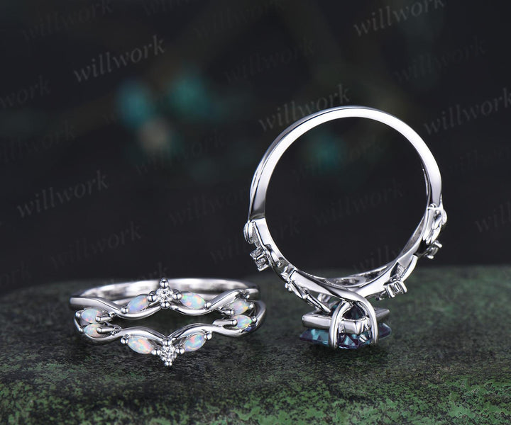 Vintage princess cut Alexandrite engagement ring set 14k white gold leaf opal wedding ring set jewelry June birthstone ring