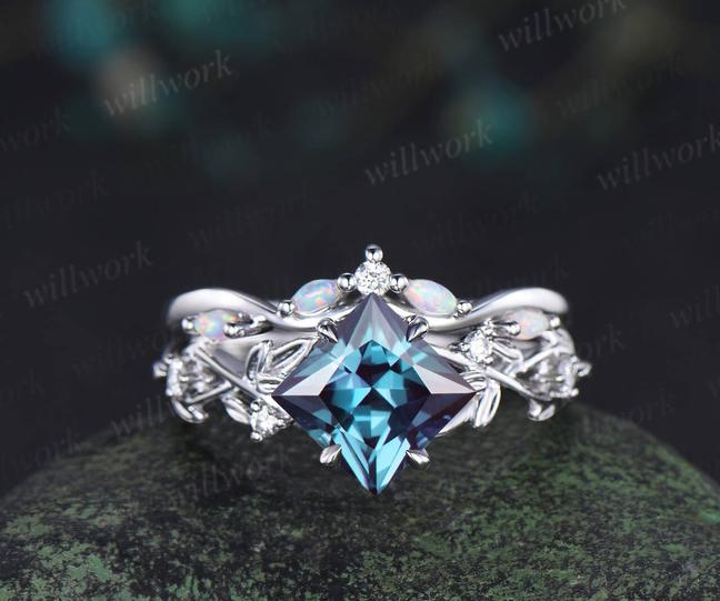 Vintage princess cut Alexandrite engagement ring set 14k white gold leaf opal wedding ring set jewelry June birthstone ring