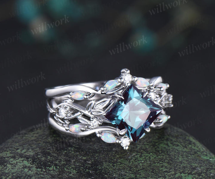 Vintage princess cut Alexandrite engagement ring set 14k white gold leaf opal wedding ring set jewelry June birthstone ring