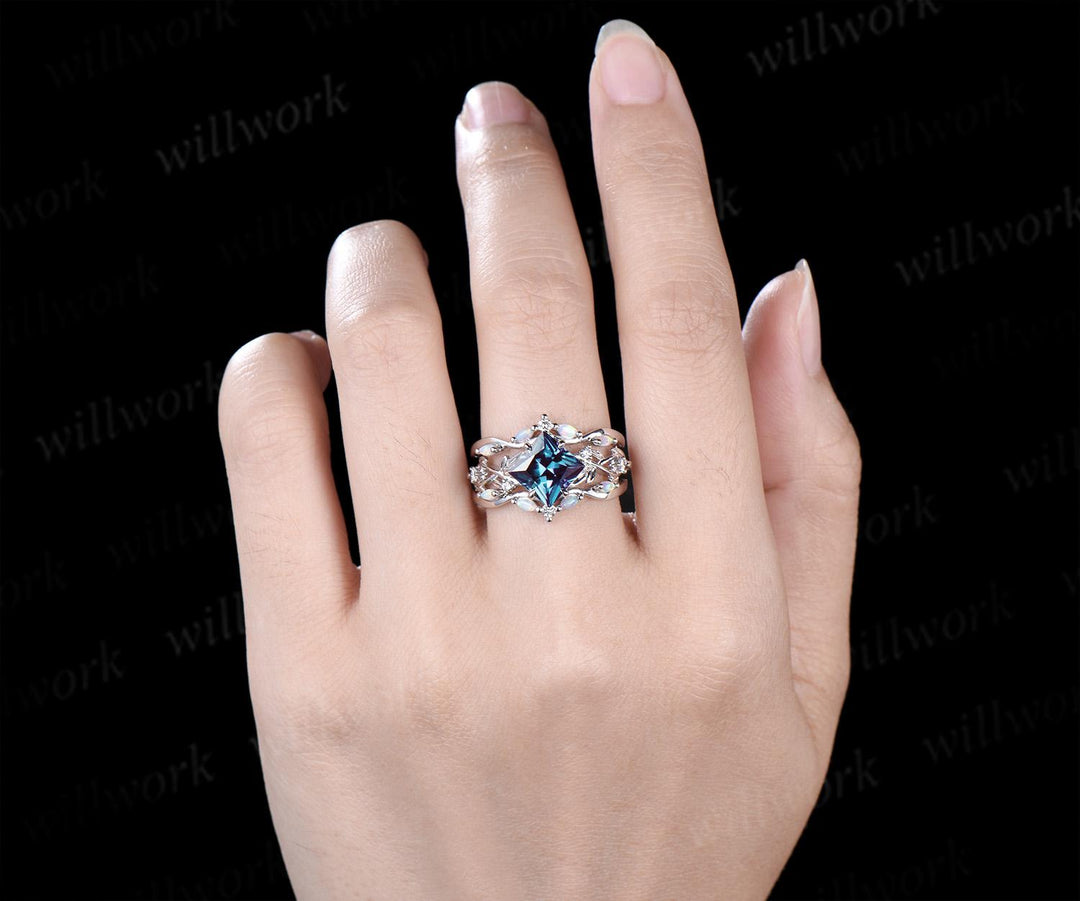 Vintage princess cut Alexandrite engagement ring set 14k white gold leaf opal wedding ring set jewelry June birthstone ring