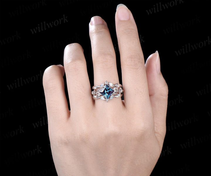 Vintage princess cut Alexandrite engagement ring set 14k white gold leaf opal wedding ring set jewelry June birthstone ring