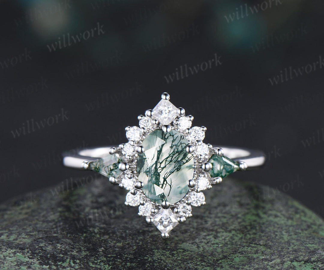 Oval moss agate engagement ring set 14k white gold kite princess halo unique promise wedding ring set retro green gemstone ring silver