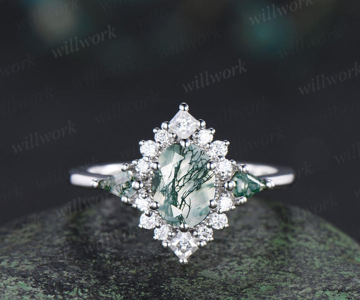 Oval moss agate engagement ring set 14k white gold kite princess halo unique promise wedding ring set retro green gemstone ring silver