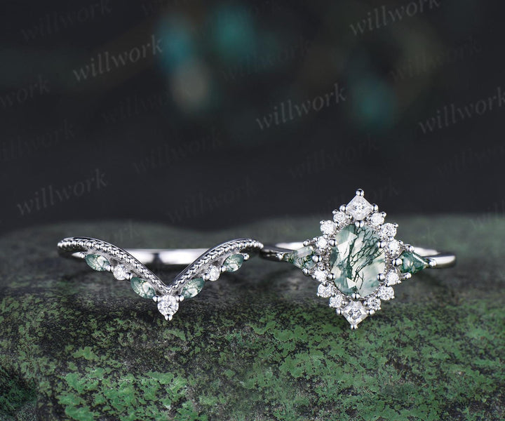 Oval moss agate engagement ring set 14k white gold kite princess halo unique promise wedding ring set retro green gemstone ring silver