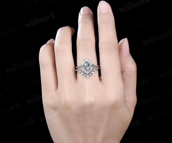 Oval moss agate engagement ring set 14k white gold kite princess halo unique promise wedding ring set retro green gemstone ring silver