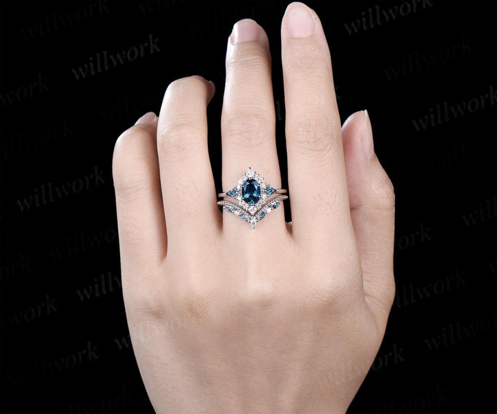 Oval London blue topaz engagement ring set 14k white gold kite princess halo unique promise wedding ring set December birthstone ring silver