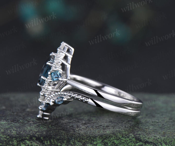 Oval London blue topaz engagement ring set 14k white gold kite princess halo unique promise wedding ring set December birthstone ring silver