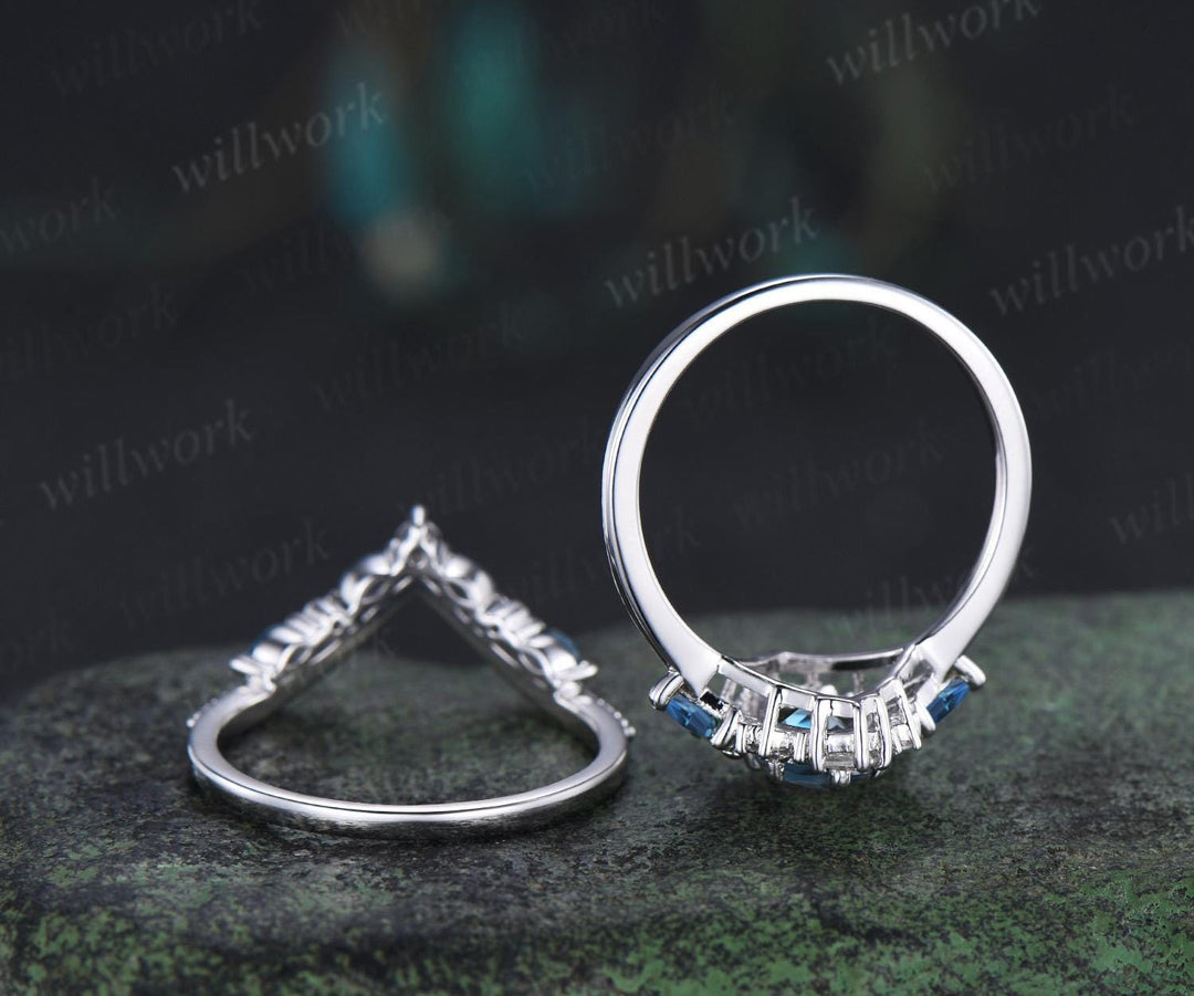 Oval London blue topaz engagement ring set 14k white gold kite princess halo unique promise wedding ring set December birthstone ring silver