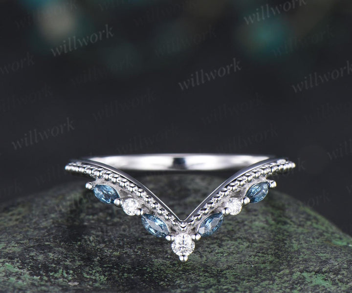 Oval London blue topaz engagement ring set 14k white gold kite princess halo unique promise wedding ring set December birthstone ring silver