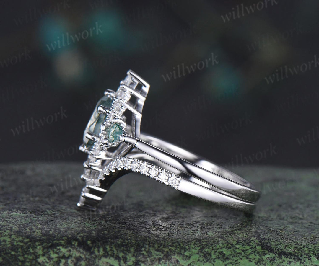 Vintage oval moss agate engagement ring set stacking matching moissanite bridal ring set jewelry handmade unique promise wedding ring women