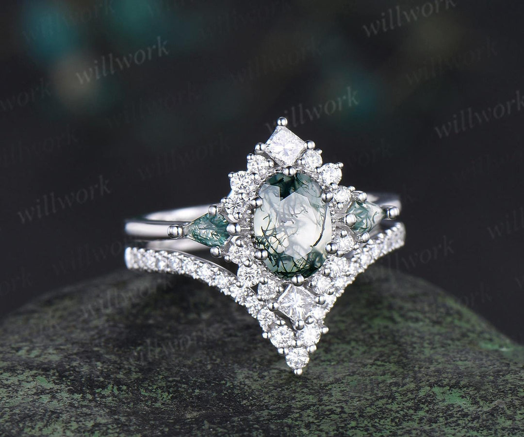 Vintage oval moss agate engagement ring set stacking matching moissanite bridal ring set jewelry handmade unique promise wedding ring women