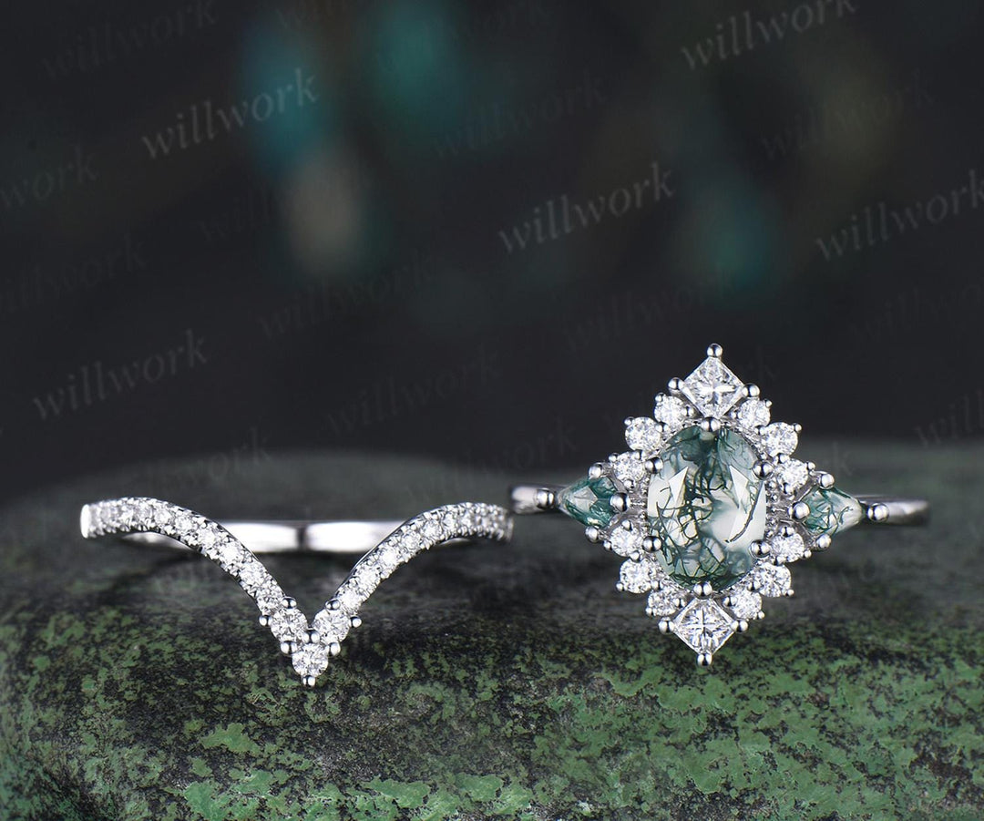 Vintage oval moss agate engagement ring set stacking matching moissanite bridal ring set jewelry handmade unique promise wedding ring women