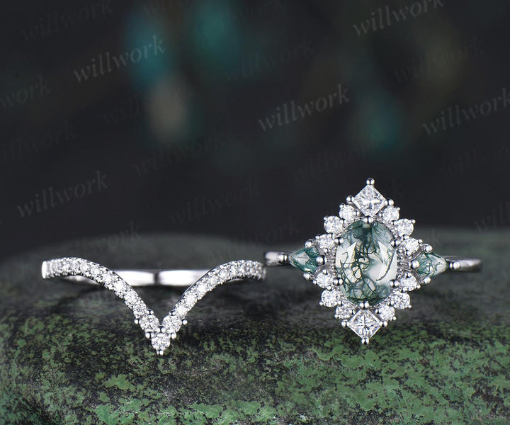 Vintage oval moss agate engagement ring set stacking matching moissanite bridal ring set jewelry handmade unique promise wedding ring women